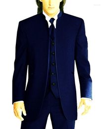 Trajes de hombre por encargo padrinos de boda azul marino novio esmoquin mandarín solapa hombres boda hombre Blazer (chaqueta pantalones chaleco corbata) C470