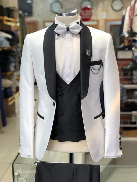 Costumes pour hommes sur mesure garçons d'honneur blanc et noir marié smokings châle Satin revers hommes mariage homme (veste pantalon gilet cravate) C806