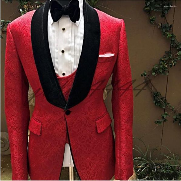 Trajes de hombre hechos a medida hombres rojo y negro novio esmoquin chal terciopelo solapa padrino boda hombre (chaqueta pantalones corbata chaleco) C674
