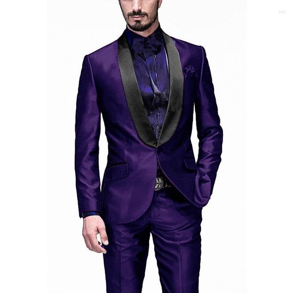 Costumes pour hommes sur mesure hommes brillant violet marié smokings châle noir revers garçons d'honneur 2 pièces mariage homme (veste pantalon cravate) C990