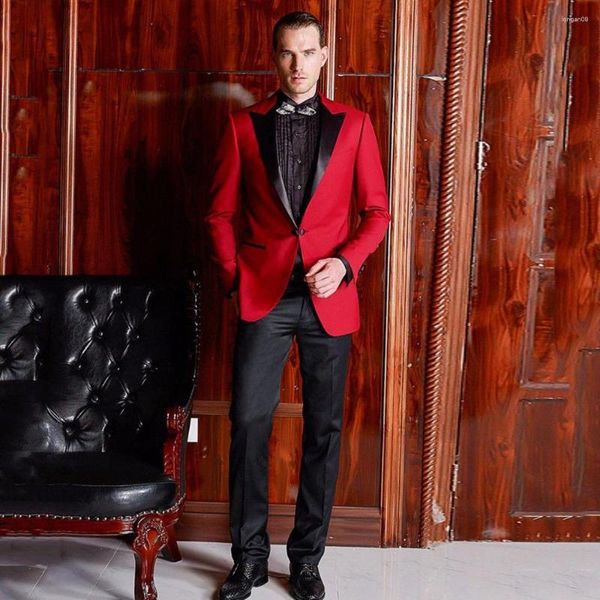 Trajes para hombres traje rojo hecho a medida para hombre de boda blazer novio tuxedo 2 piezas disfraz homme negros lobela de pico fit terno masculino