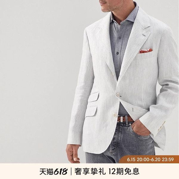 Costumes pour hommes sur mesure sur mesure affaires formelle mariage décontracté veste manteau blanc gris rayé lin printemps été