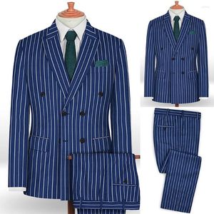 Costumes Homme Bleu Foncé Costume Homme Sur Mesure 2 Pièces Blazer Pantalon Noir Double Boutonnage Pinstripe Mariage Groom Business Causal Prom Tailored