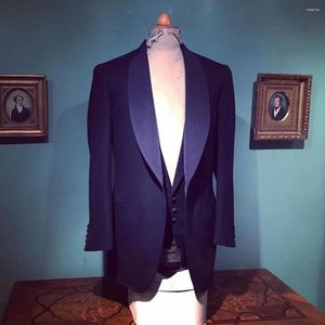 Herenpakken Donkerblauw Brede Sjaal Revers Mannen Bruiloft Bruidegom Tuxedo Prom Terno Masculino Blazer Voor Man Op maat gemaakt 3 Stuks Jas Broek Vest