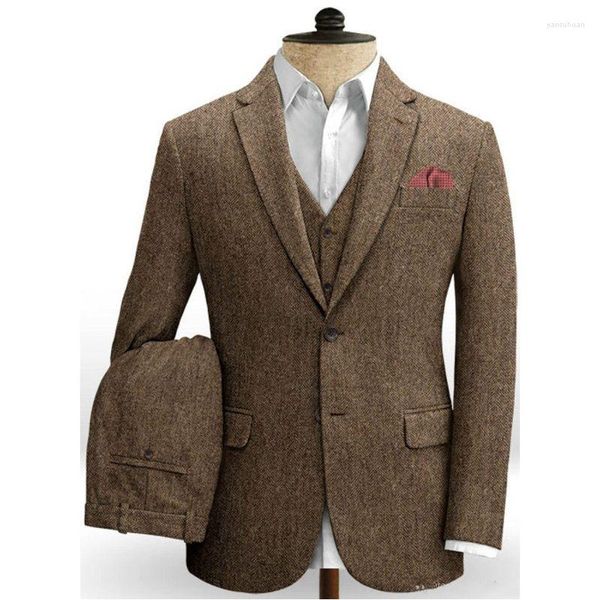 Trajes de hombre, esmoquin de boda de color marrón oscuro, trajes de novio de Tweed en espiga para hombre, chaqueta Traje De Hombre, chaqueta hecha a medida, pantalones