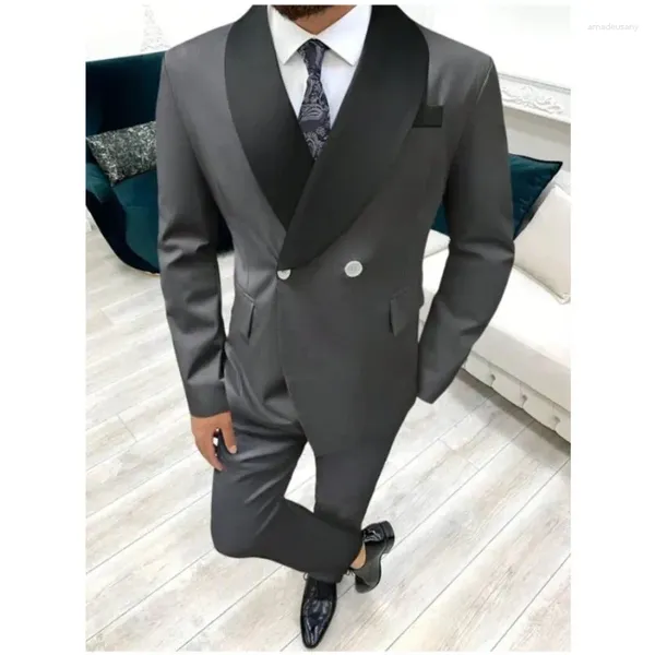 Costumes pour hommes gris foncé hommes Slim Fit 2 pièces noir châle revers garçons d'honneur smokings de mariage pour homme formel bal personnalisé costume veste pantalon