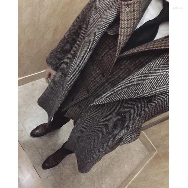 Trajes para hombres traje gris oscuro tweed hombres de una pieza marina hemoras lana de longitud mediana autobús retro chaqueta larga para boda