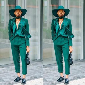 Herenpakken Dark Green Men's Suit 2 stuks Blazer broek een knop satijnen revers slanke jas mode tuxedo business moderne bruiloft bruidegom