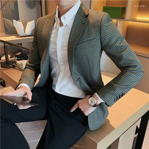 Herenpakken donkergroene plaid blazer 2022 herfst mannen slank fit simple zakelijke jas jas bruidegom bruiloft sociaal smoking pak jas homme homme