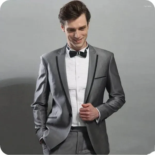 Trajes para hombres Gris oscuro Hombres Solapa con muesca de un solo pecho Blazer de fiesta formal Slim Fit Flaco Conjunto completo Chaqueta de lujo de 2 piezas Pantalones