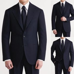 Costumes pour hommes Dark Navy Costume pour hommes 2 pièces Blazer Pantalon Veste à simple boutonnage à fines rayures Tuxedo Business Costume de marié de mariage moderne Homme