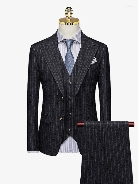 Costumes pour hommes Deep Grey Stripe Men Set Blazer Vest Pant Wedding Groom Wear England Slim Fit Style Normal Businessman Daily Party Suit