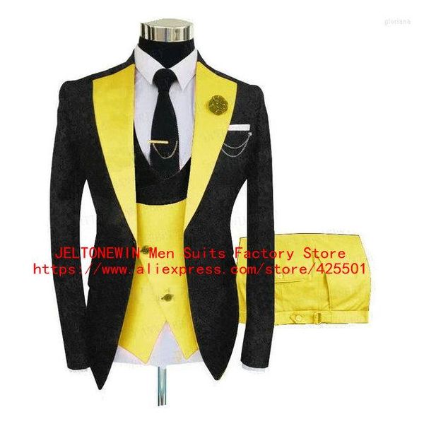 Trajes de hombre Diseño Negro Floral Impreso Chaleco amarillo Pantalón 3 piezas Conjunto Hombres Boda Novio Esmoquin Slim Fit Traje de fiesta Hombre Blazer