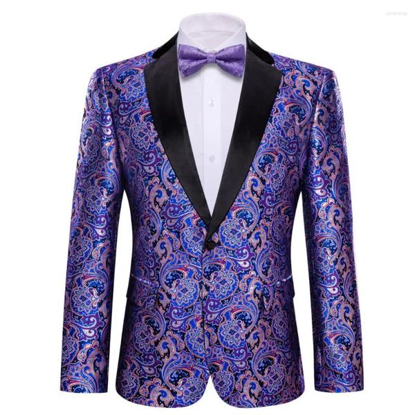 Trajes para hombres Traje de diseñador Blazer de seda para hombre Conjunto de pajarita Púrpura Azul Rosa Flor Chaqueta masculina Abrigo Vestido de novia informal delgado Barry.Wang