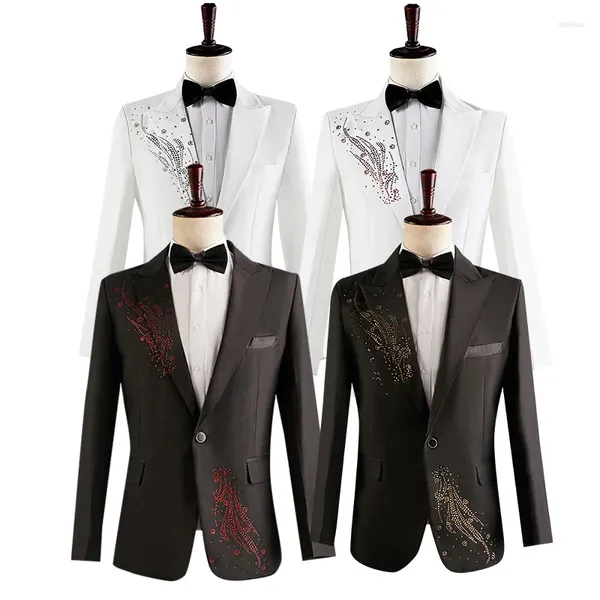 Costumes pour hommes, garniture en diamant, ensemble 2 pièces à la mode, noir et blanc, bouton unique, pour fête de mariage, scène, hôte, ensembles de pantalons Blazer