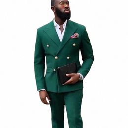 Trajes para hombres Doble botonadura Africana para hombres Slim Fit Dark Green Groom Tuxedo Boda 2 PCS Custom Fi Traje 2024 70GD #