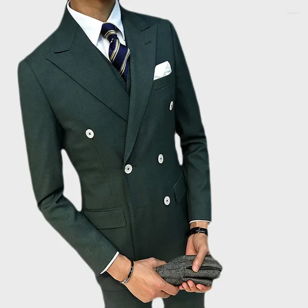 Trajes para hombre, traje de negocios verde oscuro con doble botonadura, esmoquin para novio, corte entallado para hombre, chaqueta de boda de 3 uds (chaqueta, chaleco y pantalones)