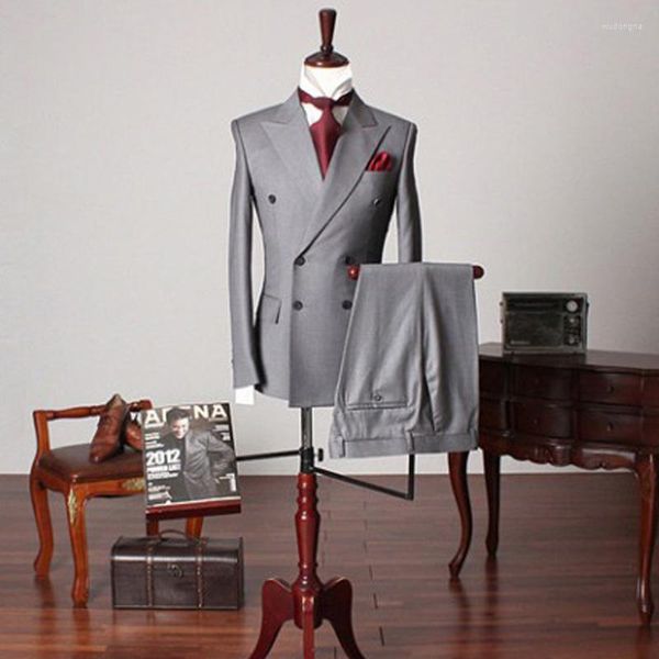 Trajes para hombre, esmoquin de boda Formal de doble botonadura, 2 piezas, moda gris para hombre con solapa en pico, conjunto ajustado personalizado para hombre, chaqueta