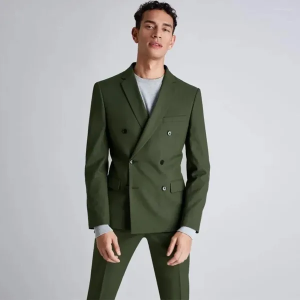 Trajes para hombres Cruzado Verde Hombres Slim Fits Social Blazer Traje Hecho Viajes Casual Negocios Boda Novio Hombre Chaqueta de fiesta Pantalones