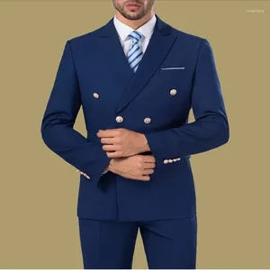 Costumes pour hommes Double boutonnage bleu marine revers à pointe tenues décontractées longueur régulière 2 pièces veste pantalon bureau Blazer vêtements masculins