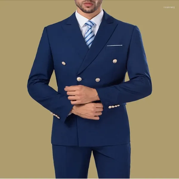 Trajes de hombre con doble botonadura, solapa de pico azul marino, trajes informales, chaqueta de 2 piezas de longitud Regular, pantalones, chaqueta de oficina, ropa masculina