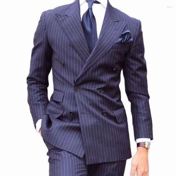 Trajes de hombre a rayas de doble botonadura para hombre, esmoquin de boda, traje de hombre de negocios formal entallado de 2 piezas, conjunto de chaqueta con pantalón