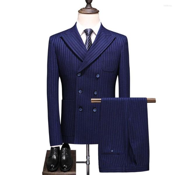 Trajes para hombre, traje de 3 piezas a rayas con doble botonadura para hombre, 2022, coreano, azul profundo, ajustado, boda, hombre, negocios, Blazers, pantalones, chaleco, talla grande