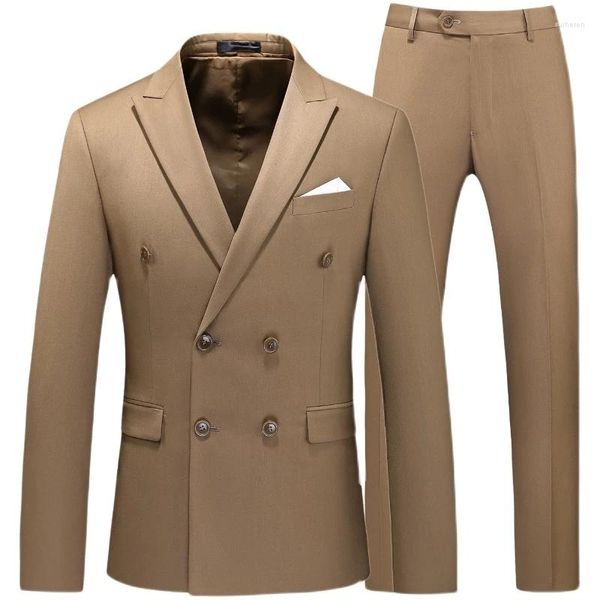 Ternos masculinos duplo breasted smoking terno masculino negócios trabalho casamento conjuntos formais jaqueta sólida com calça fino ajuste coreano roupas casuais