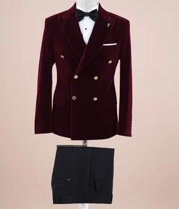 Trajes de hombre de terciopelo de doble botonadura Borgoña traje de otoño/invierno para chaqueta de boda pantalones traje Formal de cena de fiesta Homme