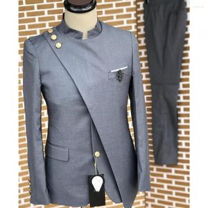 Costumes pour hommes Double couche col Mandarin pour hommes 2 pièces gris foncé Terno Masculino Slim Fit mariage marié bal Blazer personnalisé