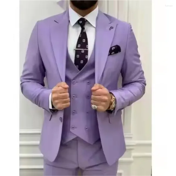 Costumes pour hommes élégantes 3 pièces légères violet entièrement set simple poitrine picturée de mariée de mariée de mariée (veste pantalon veste)