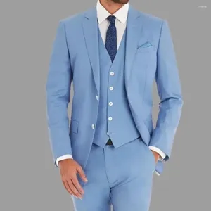 Costumes pour hommes élégant bleu hommes 3 pièces veste pantalon gilet costume de marié de mariage simple boutonnage cran revers occasion formelle sur mesure