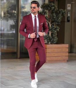 Herenpakken Elegant Custom Bordeaux Heren Pak Blazers Voor Feest Prom 2 Stuks Rode Bruidegom Bruiloft Notched Revers Commerciële Affa