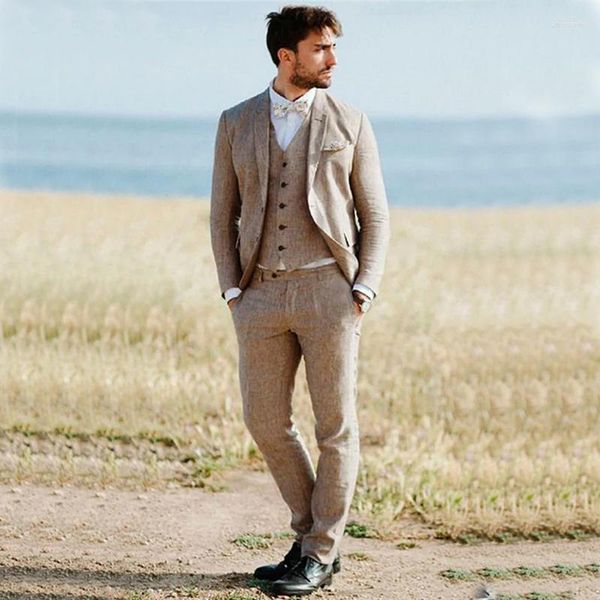 Trajes de hombre elegantes para hombres, padrinos de boda, 3 piezas, solapa con muescas Beige, ajustado, traje completo para hombre, chaqueta, chaleco, pantalones