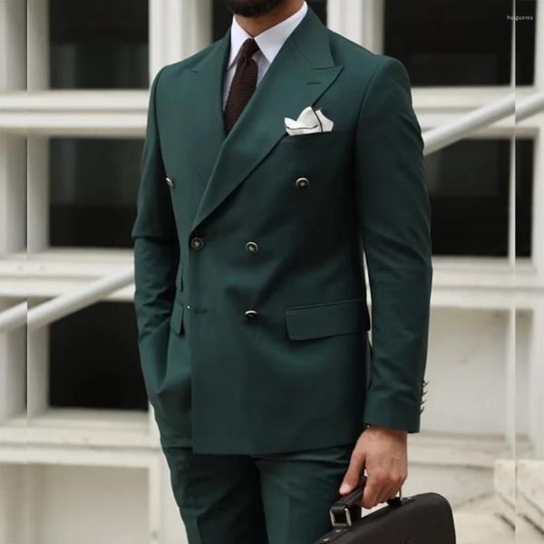 Costumes pour hommes élégant vert double boutonnage revers à pointe plat longueur régulière formel affaires mâle vêtements costume 2 pièces veste pantalon tailleur