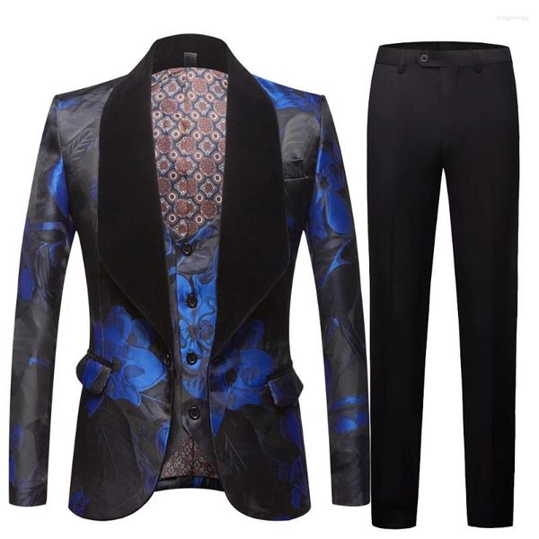 Costumes pour hommes Costume jacquard élégant Bleu Dernières créations Mariage Marié Bal Fête Noir Col Châle Mâle 3 Pièces Ensemble (Blazer Gilet Pantalon)