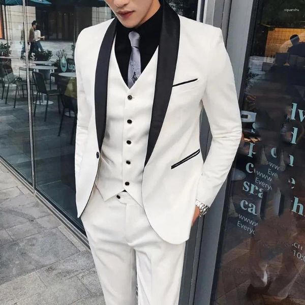 Trajes para hombres Hombres elegantes Flaco Blanco Conjunto completo Solapa de chal negro Slim Fit Chaqueta de 3 piezas Pantalones Chaleco Ropa de lujo de negocios formal