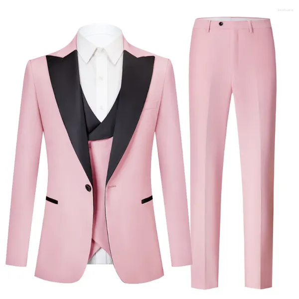 Trajes para hombres Traje elegante para hombre (Blazer Chaleco Pantalones) Rosa Azul Caqui Novio de boda Fiesta de graduación Banquete de negocios Chaqueta ajustada Conjunto de 3 piezas para hombre