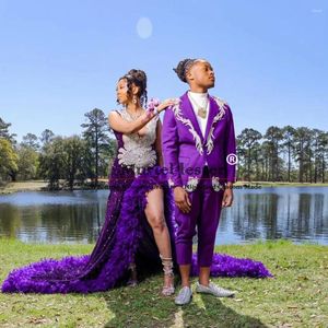 Costumes pour hommes Elegant Purple Suit Men For Wedding Crystals Per perle Appliques Pantalons Jacket 2 pièces Set Groom Tuxedos Terno Masculinos EXCHETO