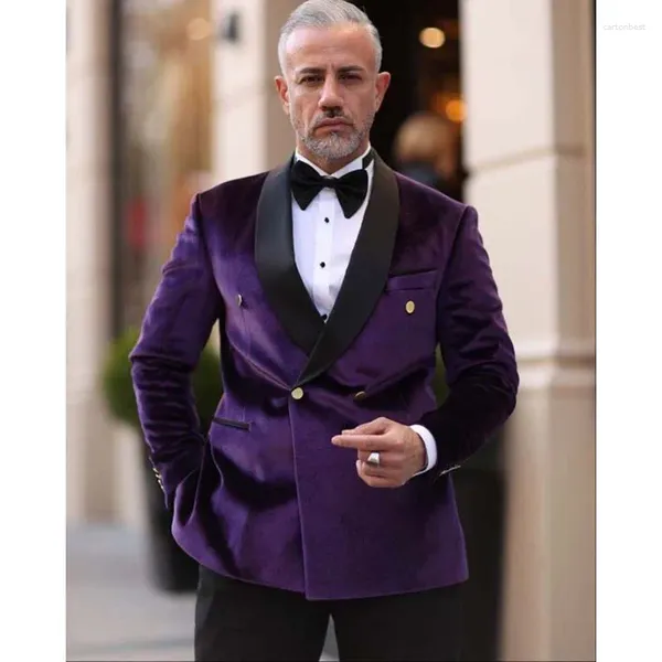 Costumes pour hommes élégant velours violet Double boutonnage noir châle revers Blazer formel fête Chic 2 pièces veste pantalon ensemble