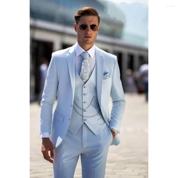 Suits para hombres elegantes Sky Blue Men de 3 piezas Notch Lapa de la sola sola de pecho sólido Boda informal de boda casual (pantalones de chaleco blazer)