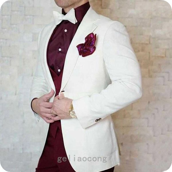 Trajes para hombre, traje elegante, último abrigo, pantalón, chaleco, diseños, esmoquin Floral blanco, vestido de graduación para fiesta en Borgoña, novio para boda