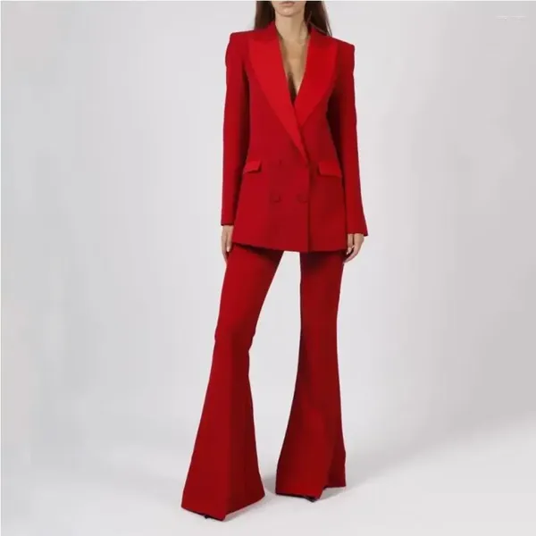 Trajes para hombre, temperamento elegante, traje rojo para mujer, conjunto de dos piezas (chaqueta y pantalones acampanados), ropa de ocio de moda