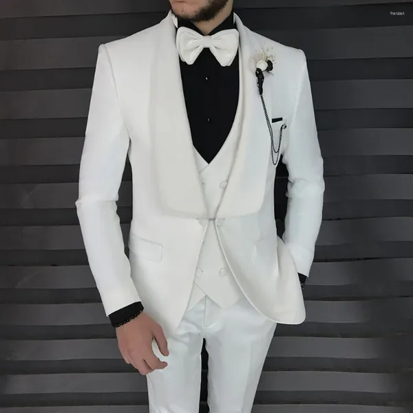 Trajes de Hombre elegante chaqueta de boda blanca chal solapa de un solo pecho chaqueta de 3 piezas pantalones chaleco un botón Formal Hombre