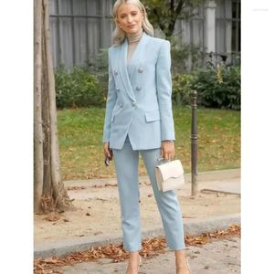 Herenpakken Elegante vrouwen passen twee stukken Blazer broek set vrouwelijk formeel kantoor dame jas lichtblauwe outfit op maat gemaakte kleding