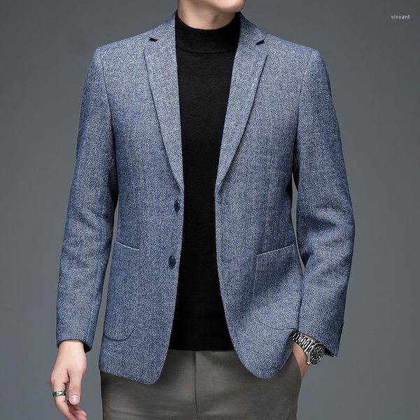 Trajes para hombres Estilo de Inglaterra Hombres Elegantes Blazers de Cachemira Gris Azul Diseño de cuello con muescas Chaquetas de traje de mezcla de lana de oveja Trajes clásicos masculinos