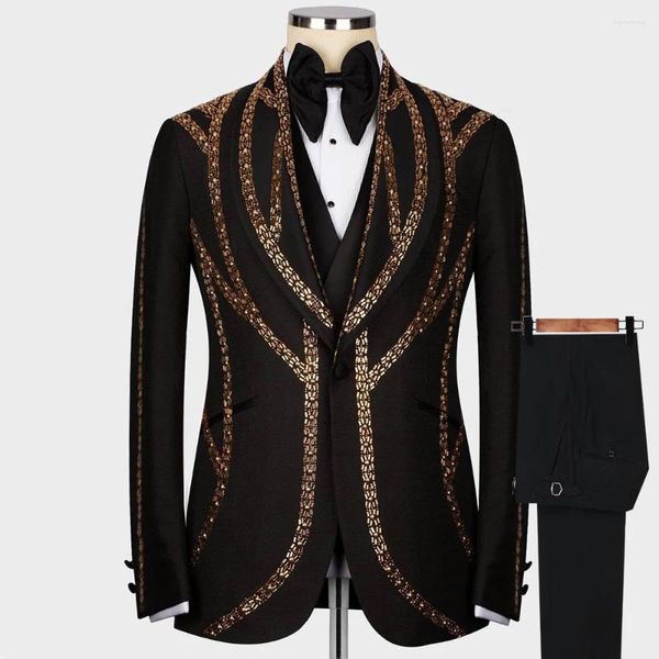 Trajes de hombre exquisitos para boda, chaqueta con cuentas hechas a mano, chaleco, pantalones, esmoquin de novio negro de 3 piezas, chaquetas para fiesta de graduación hechas a medida