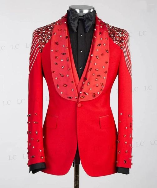 Trajes para hombres Fantásticos hombres 3 piezas Blazer de fiesta Un botón Cuentas Diamantes Borla Prom Esmoquin Boda Novio Tallas grandes Traje Homme