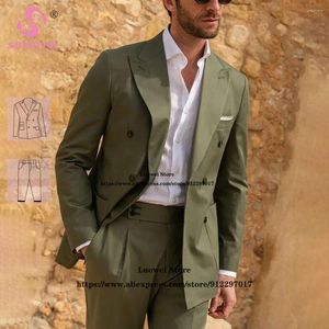 Herenpakken Fashion Army Green Slim Fit For Men 2 -delige broek Set Formele bruidegom bruiloft Peiced rapel Tuxedos custome homme pour mariage