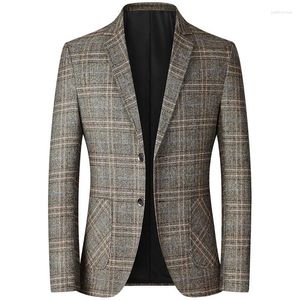 Herenpakken mode blazers herfst grijs gele plaid business casual mannelijke blazer jassen trouwfeest slank fit jas